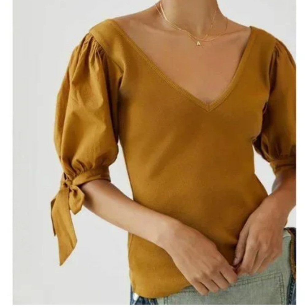 Anthropologie Mustard V-Neck Puff Sleeve Blouse